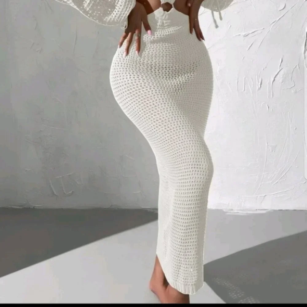 White knit cut out cover up dress summer beachy vacay - Picture 6 of 8